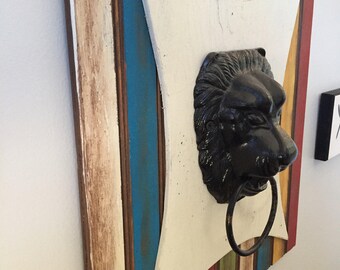 Rustic handmade lionhead knocker hanging