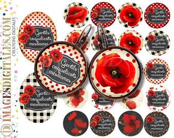 jolis coquelicots id 1 Digital Collage Sheet Printable Instant Download for art jewelry scrapbooking bottle caps magnets pins