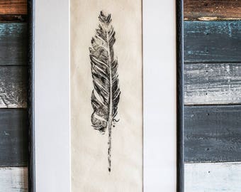 Feather Print. Real feather hand pressed onto calico with an ivory mount, feather art, hand painted.