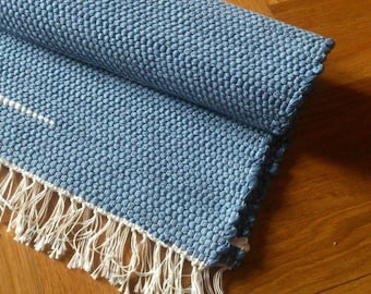 Rag Rug, Handmade Blue Rug with White Stripes, Handwoven