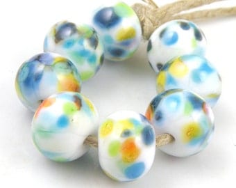 Playground - Handmade Artisan Lampwork Glass Beads 8mmx12mm - Multicolour on White - SRA (Set of 8 Beads)