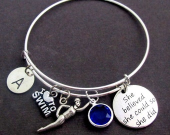 Swimming Bracelet,Swimming Expandable Bangle,Swimmers Jewelry,She Believed She Could, Swimming lover bracelet,Sports Gift, Free Shipping USA