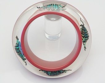 Gorgeous maroon lucite bracelet with real blue beetles