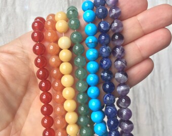 7 HALF-STRANDS of 8mm Chakra Beads, Healing Stones, 7 Chakras, Yoga Beads, Chakra Stone Set, Mala Beads, 25 of each=175 Beads