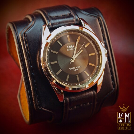 Leather cuff watch Slick Triple Black vintage style Wide layered leather watch band Hand made in NYC for YOU by Freddie Matara!