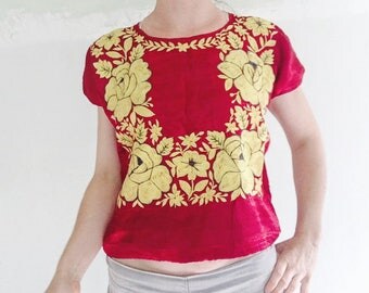 Hand Embroidered Tehuana Huipil aka Frida Kahlo Blouse. Oaxaca, Mexico. Vintage. Rare