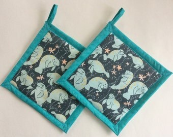 Manatee Potholders, Manatee Holders, Manatee Kitchen Decor, Beach Decor, Manatee Hot Pads, Manatee Hot Mats, Handmade Holder