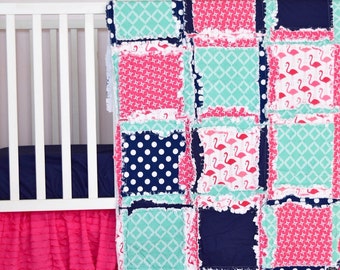 Flamingo Nursery Baby Bedding Sets - Pink / Navy / Mint Crib Bedding Baby Girl Crib Set - Boho Crib Bedding - Bumperless Whimsical Bedding