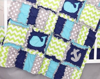 Nautical Crib Bedding Set - Green / Grey / Turquoise Whale Crib Bedding Nursery Decor - Anchor Bedding - RAG QUILT, Skirt, Sheet, Bumpers