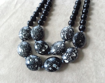 Black white statement necklace double strand