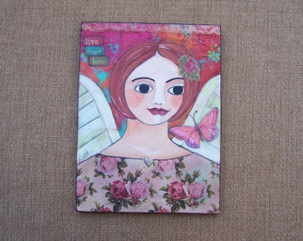 Angel Painting Original one of a kind mixed media encaustic painting Live, Laugh, Love FREE SHIPPING