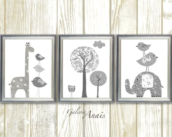 White Gray Nursery wall art, Baby Nursery art, Gender Neutral Nursery, Kids wall art, elephant nursery, giraffe bird Tree - Set of 3 prints