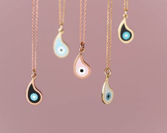 Evil Eye Necklace Solid Gold Evil Eye Teardrop 14k solid Gold Necklace Gift for Her Anniversary gift Bridal Blue Black Rose White Eye