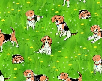 Green Beagle Fabric - Beagles And Dandelions By Vinpauld - Watercolor Beagle Dog Pet Cotton Fabric By The Yard With Spoonflower