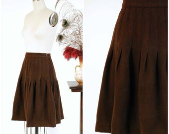Vintage 1930s Skirt - Versatile Chocolate Brown Wool Late 30s Skirt with Stitched Down Pleats and Side Buttons