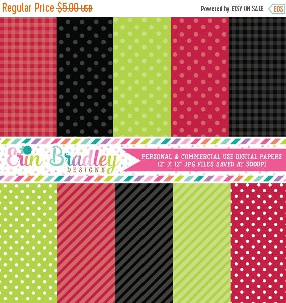 50% OFF SALE Digital Scrapbook Papers Personal and Commercial Use Red Black Green Ladybug Picnic Il_570xn