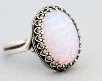 Glass Opal Ring, Large Pinfire Opal Ring, October Birthstone, Adjustable Glass Opal Ring, White Opal, October Birthstone, Opal Jewelry