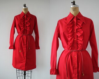 vintage 1970s dress / 70s shirt dress / 70s ruffled shirt dress / 70s tuxedo ruffle dress / 70s red shirt dress / large