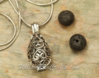Essential Oil Diffuser Necklace TearDrop Vintage Locket Aromatherapy with Chain (19-34-035)