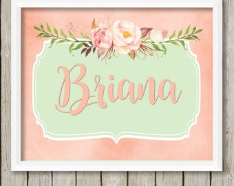 Baby girl nursery wall art peach mint nursery decor custom name print personalized baby gift for baby nursery art personalized gift