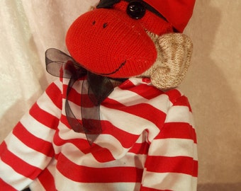 Retro Pirate Sock Monkey. Head Scarf, Striped Top, Black Pants and Pirate Eye Patch~ LIMITED EDITION by auntyanndesigns
