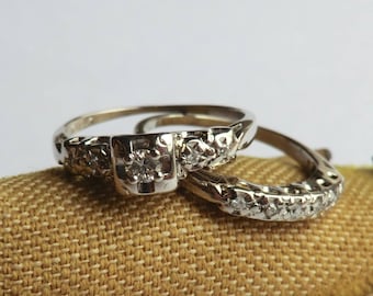 vintage diamond engagement wedding ring set 14k white gold bridal ring set size 5 1 - Vintage Wedding Rings Sets vintage diamond engagement wedding ring set 14k white gold bridal ring set size 5 1 - Vintage Wedding Rings Sets