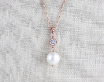 Rose Gold Pearl necklace, Pearl Wedding necklace, Pearl drop necklace, Rose Gold Bridal necklace, Rose Gold necklace, Crystal necklace