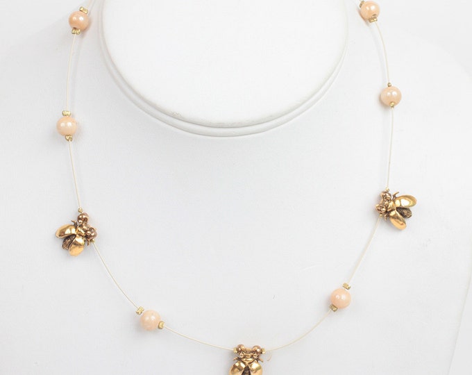 Bees Necklace and Post Earrings Set Gold Tone Vintage