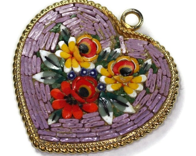 Lavender Mosaic Heart Pendant Florals Vintage Signed Italy