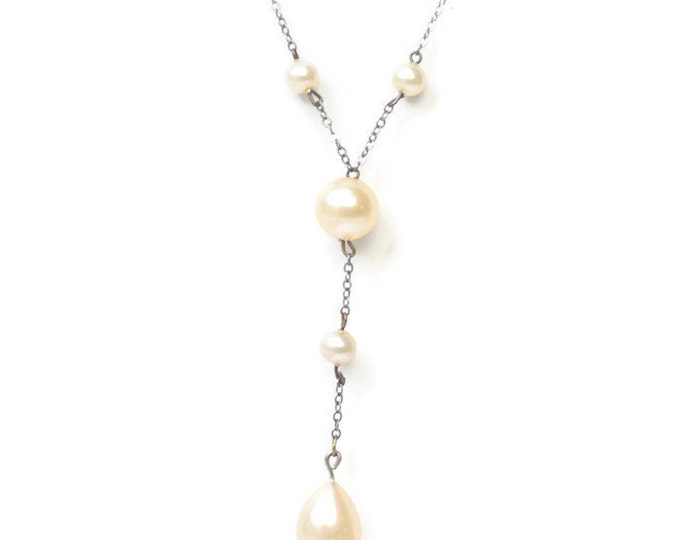 Art Deco Simulated Pearl Y Style Necklace Silver Chain Vintage
