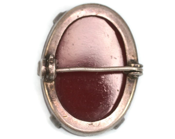 Red Glass Cameo Pin Sterling Setting 1920s 1930s