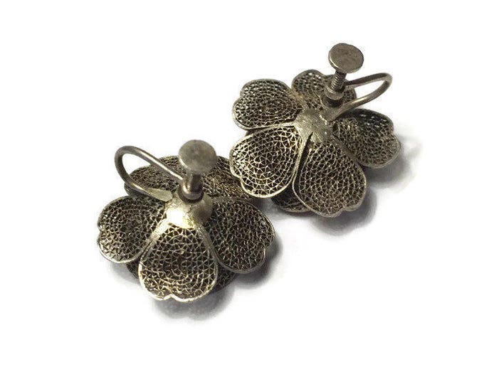 CIJ Sale Silver Filigree Flower Design Earrings Vintage Screw Back