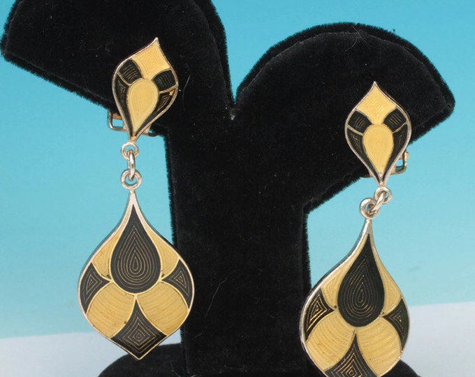 Harlequin Dangle Earrings Brown and Yellow Enamel Vintage Clip Style