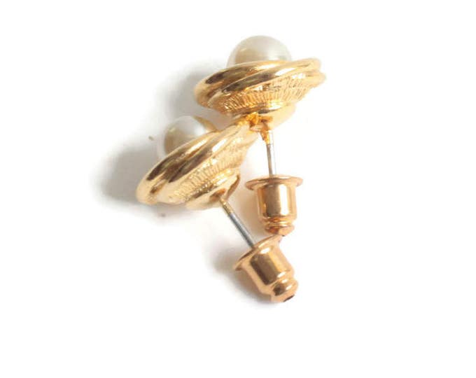 Faux Pearl Earrings Gold Swirl Setting Posts Pierced Smaller Vintage