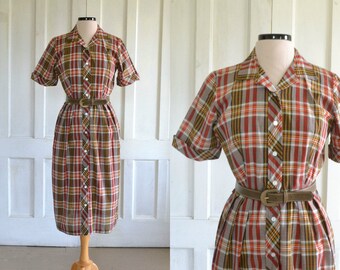 50s Day Dress Plaid Shirtdress - large