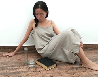 Linen Slip Dress/Spaghetti Strap Night Gown /Minimalist Midi Tunic Dress