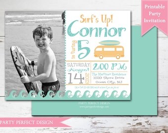 Vintage Surfer Boy Birthday Party Invitation - Print your own