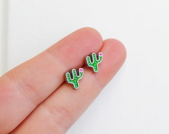 Cactus Earrings, Cacti Earrings, Peyote Cactus, Handmade Earrings, Tiny Enamel Studs, Kawaii Posts, Hipster Trendy Miniature Posts