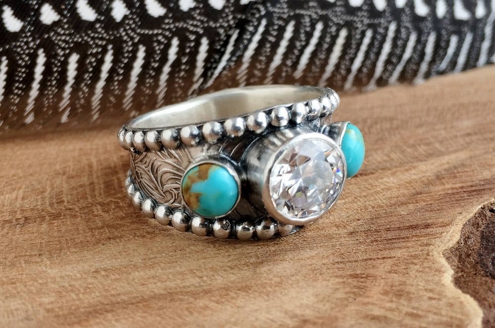 Turquoise Ring with CZ Sterling silver Western Wedding