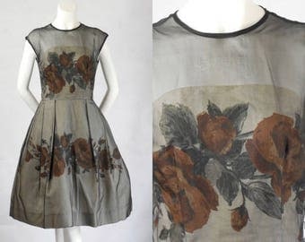 RESERVED 1950 1960 Vintage Elinor Gay Original Black Organza Over Rayon Bubble Dress with Rust Roses