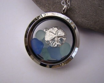 Sea Glass Floating Locket - Stainless Steel Non Magnetic Locket - Blue Sea Glass Pendant - Sand Dollar - Sea Glass Jewelry