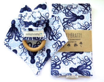 Modern Baby Bib - Bandana Bib - Burp Cloth - Teething Ring - Gift Set or Individual Sale - Blue Octopus - Baby Gift - Baby Shower Gift