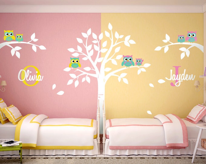 Owls Wall Decal, Owls Tree Wall Decal, Twins Nursery Wall Decal, Tree with Owls Wall Sticker, Personalized Name and Initial Wall Decal