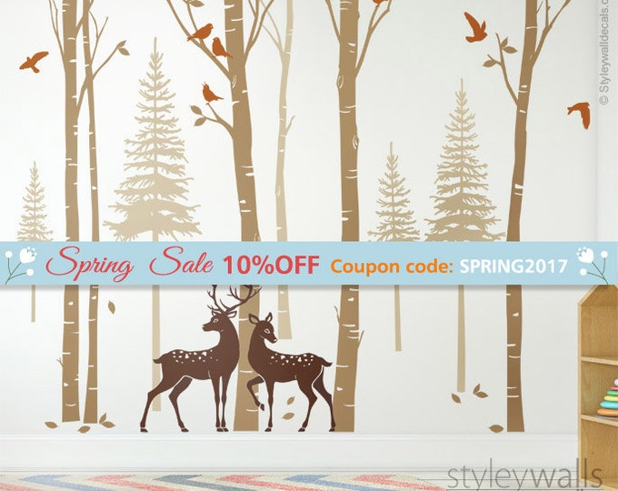 Birch Trees Wall Decal, Forest Trees Wall Decal, Pine Trees Wall Decal, Winter Trees with Deer and Birds Wall Sticker for Living Room Decor