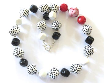 Kazuri Bead Necklace, Fair Trade Beads, Black White and Red Ceramic Necklace, Statement Necklace