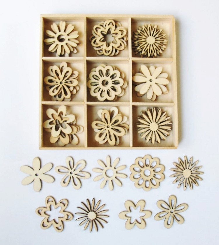 FLOWER Theme Mini Laser Cut Wood Shapes 45 pieces Unfinished 9