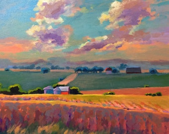 Original Acrylic Landscape painting, clouds fields, iowa landscape, canvas 20 x 20 inches blue green red handmade large art, gallery wrapped