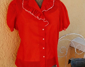 Vintage 1970's Red and White Polka Dot Blouse