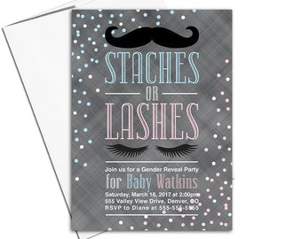 Staches or lashes gender reveal invitation printable or printed, baby reveal ideas, pink or blue gender reveal party, he or she - WLP00858