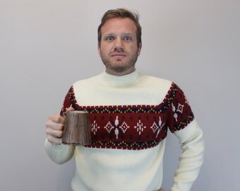 Vintage 80s Nordic Style Cream and Red Knit Sweater